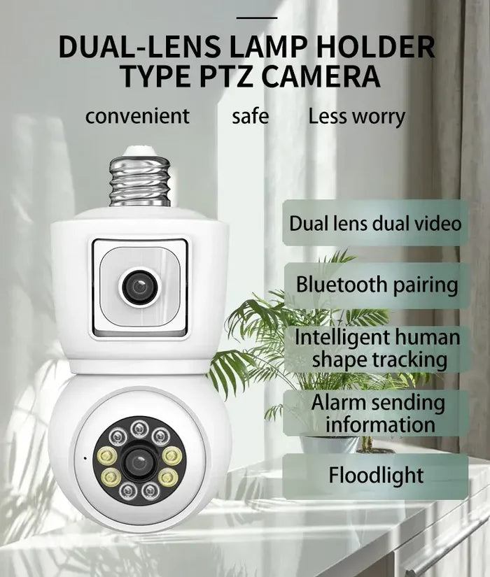 Bulb WiFi Camera Dual Screen Cam with dual lens, Bluetooth pairing, human detection, alarm features, and floodlight.