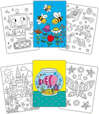 Six coloring sheets with line art of a robot, space, and a castle, plus two vibrant, pre-colored sample illustrations.
