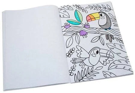 Open coloring book with partially colored line art of two toucans and jungle leaves on white paper.