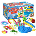 Colorful toy set including a heart pop-it, Rubik's cube, and soccer balls arranged in front of their blue retail box.