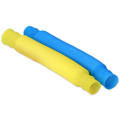 A yellow and a blue corrugated, expandable plastic fidget tube resting side-by-side on a white background.