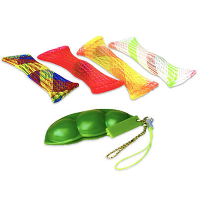 Four colorful mesh marble fidget toys and a green pea pod squeeze toy keychain on a white background.