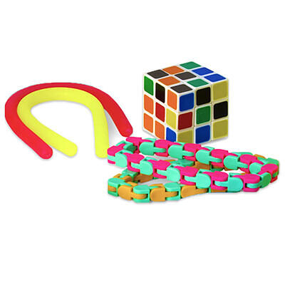 A scrambled puzzle cube, red and yellow flexible tubes, and a pink, green, and orange articulating fidget chain.