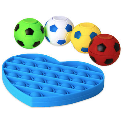 A blue heart-shaped pop-it fidget toy and four soccer ball spinners in green, white, yellow, and red.