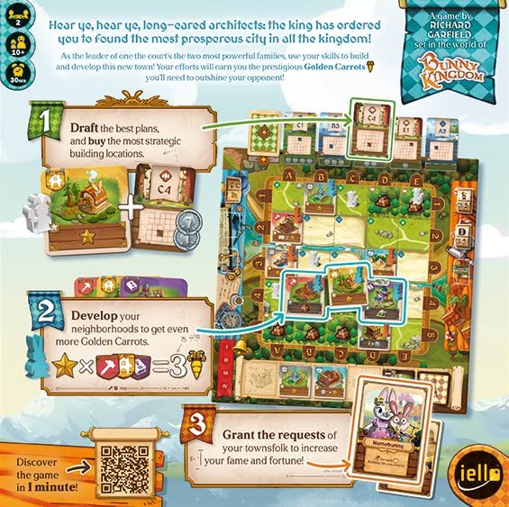 Colorful product graphic showing a grid game board, bunny-themed cards, and numbered steps for gameplay instructions.