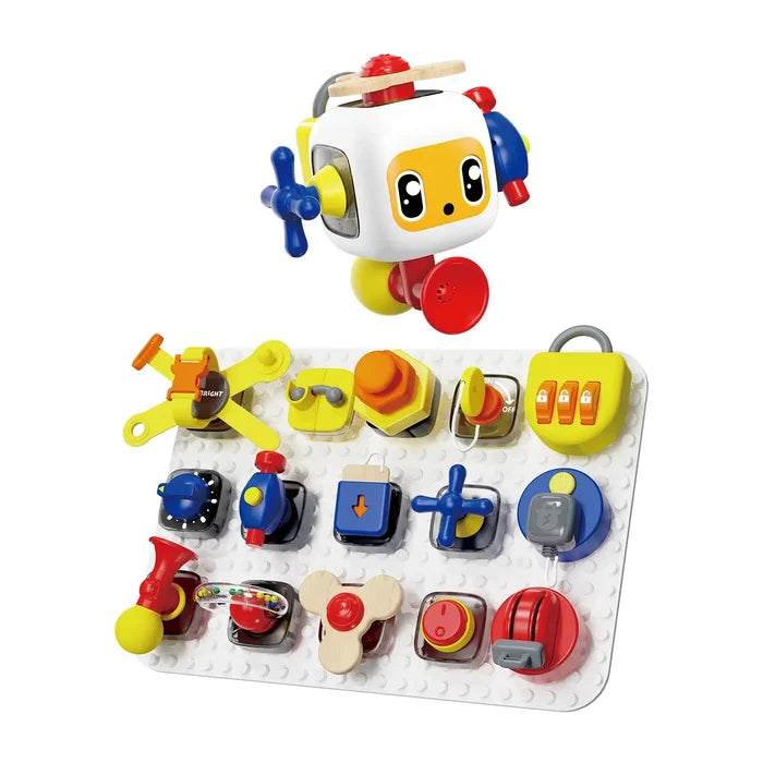 White robot head above a board with colorful interactive gadgets like switches, dials, and a yellow padlock.