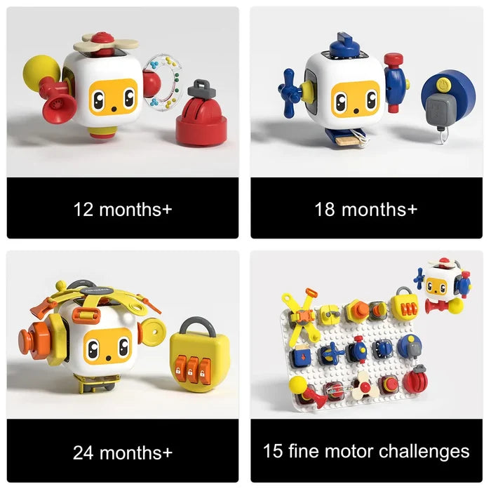 White cube robot toy with colorful motor skill attachments shown in stages for ages 12m+ to 24m+ and on a pegboard.