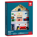 House-shaped wooden activity toy in a blue box featuring colorful switches, buttons, and illustrated room scenes.