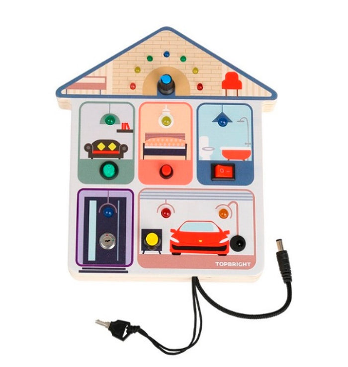 House-shaped wooden toy with room illustrations, colored LED lights, buttons, a rocker switch, and a tethered key.