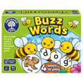 Orchard Toys Buzz Words box showing cartoon bees holding letter tiles spelling dog on a bright green background.