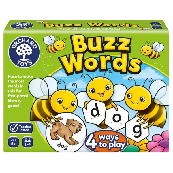 Orchard Toys Buzz Words box showing cartoon bees holding letter tiles spelling dog on a bright green background.