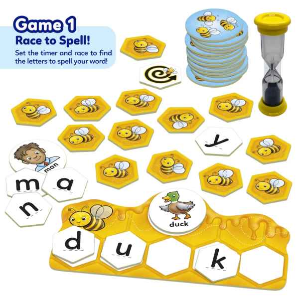 Spelling game with yellow honeycomb board, letter tiles, bee picture cards, and a sand timer.