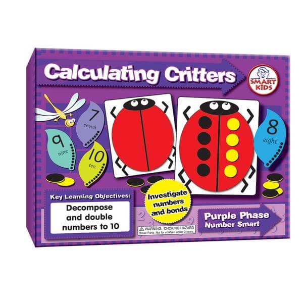 Purple box for Calculating Critters game featuring ladybug cards with dots, numbered leaves, and a dragonfly.