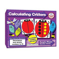 Purple box for Calculating Critters game featuring ladybug cards with dots, numbered leaves, and a dragonfly.