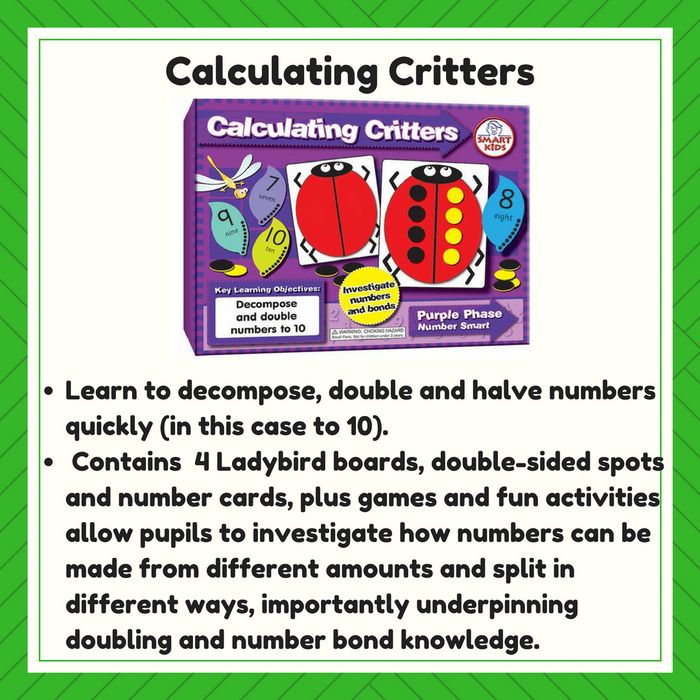Purple Calculating Critters game box with ladybug graphics above a list of features, set in a green-bordered frame.
