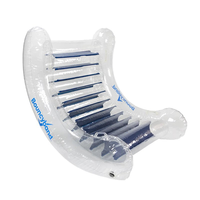 Clear inflatable crescent-shaped rocker with blue horizontal ribs and the Bouncyband logo on the sides.