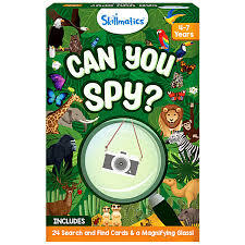 Skillmatics Can You Spy? jungle-themed box with animal illustrations and a magnifying glass graphic on green foliage.