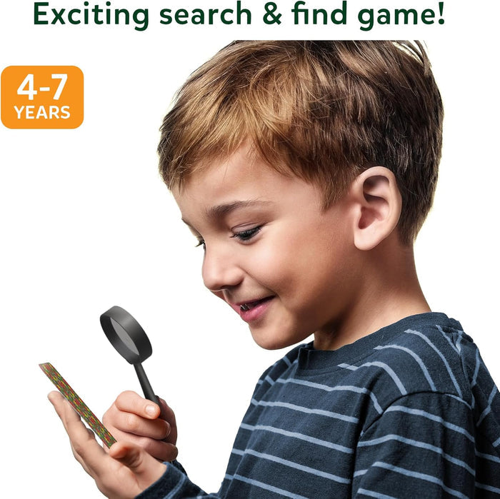 Boy using a magnifying glass to view a colorful game card. Text: Exciting search and find game for ages 4-7.