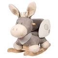 Grey plush donkey rocker with cream accents, a polka-dot bandana, wooden handles, and a padded seat on a wooden base.