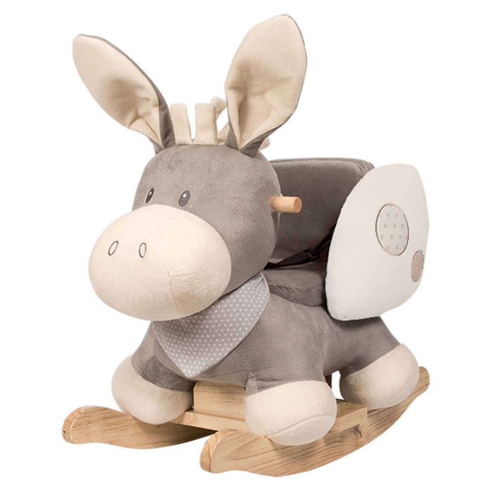 Grey plush donkey rocker with cream accents, a polka-dot bandana, wooden handles, and a padded seat on a wooden base.