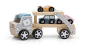 Wooden toy car carrier truck with ramp