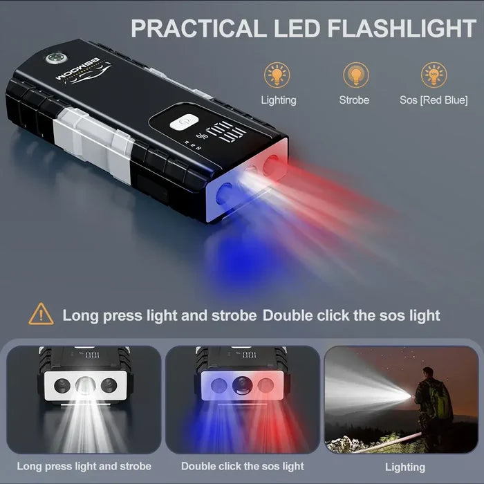 Car Jump Starter Automatic Battery Booster Charger with LED flashlight displaying lighting, strobe, and SOS modes.