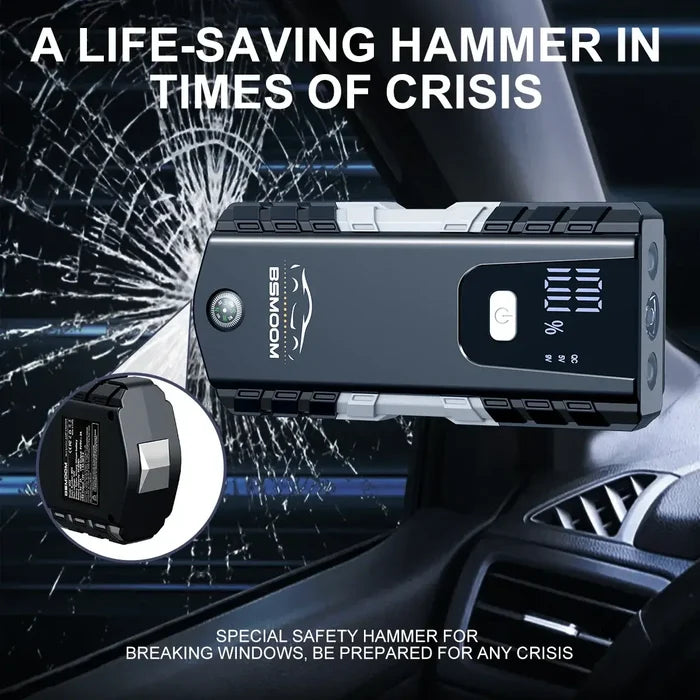 Car Jump Starter Automatic Battery Booster Charger with life-saving hammer feature for emergencies