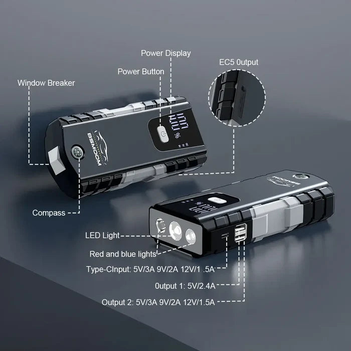 Car Jump Starter Automatic Battery Booster Charger with LED light, power display, and compact design for emergency use.