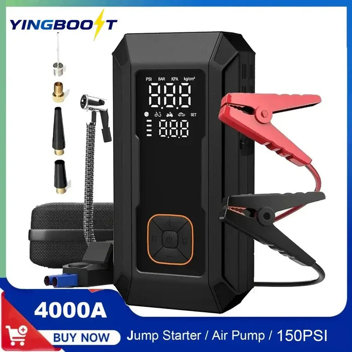 YINGBOOST Car Jump Starter with Air Pump, digital display, 150 PSI, 4000A, battery capacity 12000-18000mAh