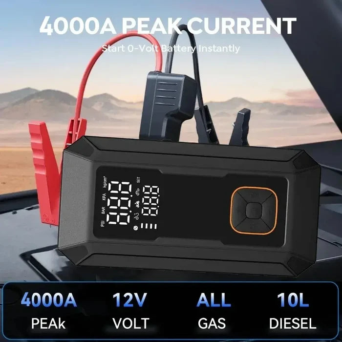 Car Jump Starter with Air Pump showing 4000A peak current, 12V, suitable for all gas and 10L diesel engines.