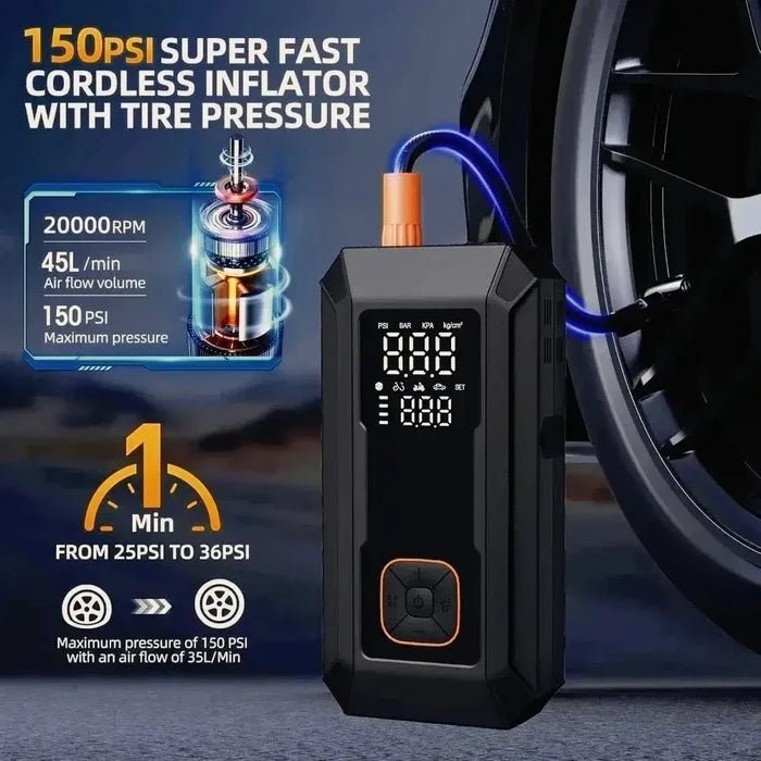Car Jump Starter with Air Pump displaying 150 PSI cordless inflator, digital screen, and tire pressure specifications.