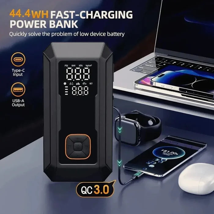 44.4WH fast-charging power bank with QC 3.0, Type-C input, USB-A output, charging smart devices quickly and efficiently on a desk setup.