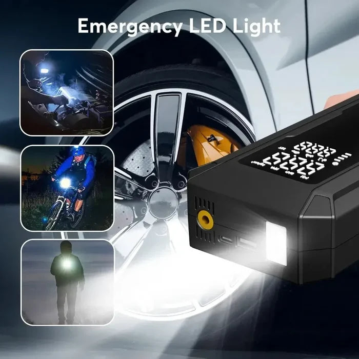 Car Jump Starter with Air Pump features an emergency LED light for roadside safety and convenience in low lighting conditions.