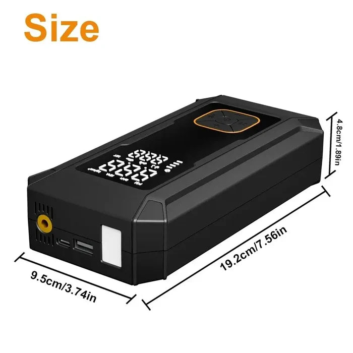 Car Jump Starter with Air Pump showing dimensions of 19.2cm x 9.5cm x 4.8cm