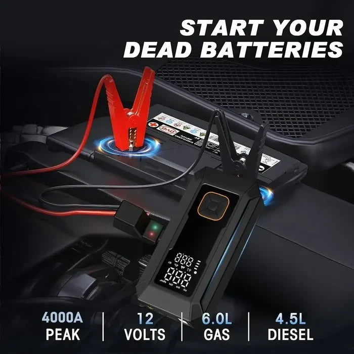 Image of Car Jump Starter with Air Pump showing 4000A peak, 12 volts compatibility, suitable for 6.0L gas and 4.5L diesel engines.