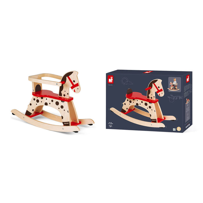 Light wood rocking horse with brown spots, red seat, and safety rail, pictured next to its retail box.