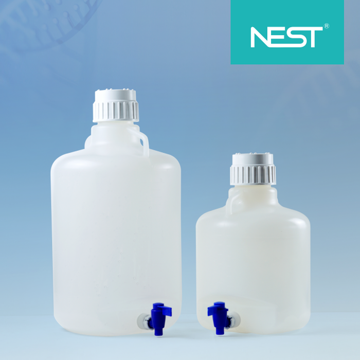 NEST Autoclavable PP Carboys — 20L and 10L sizes with spigot taps and screw caps