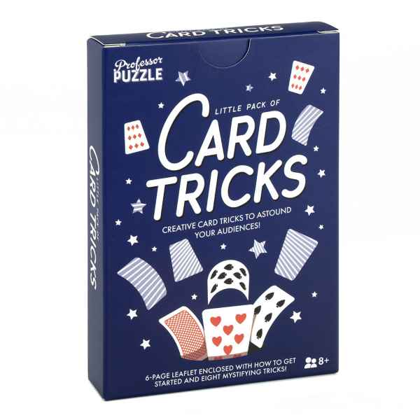 Dark blue box for Professor Puzzle Card Tricks featuring white stars and illustrations of floating playing cards.