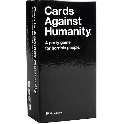 Black rectangular box with white text reading Cards Against Humanity: A party game for horrible people. UK edition.
