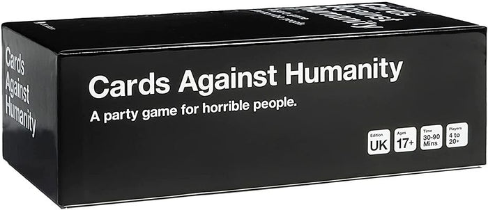 Black rectangular box with white text Cards Against Humanity and icons for UK edition, age 17+, and player stats.