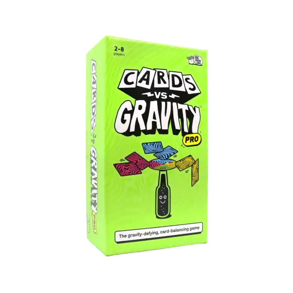 Bright lime green box for Cards VS Gravity Pro featuring cards balancing on a black bottle with a smiley face.