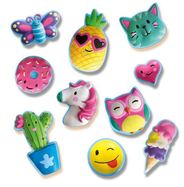 Ten bright hand-painted craft figures including a butterfly, unicorn, cactus, owl, and winking emoji.