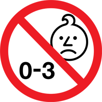Red prohibition sign with a diagonal slash across the numbers 0-3 and a simplified sad baby face icon.