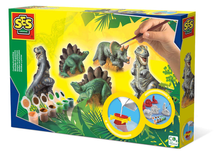 Yellow box showing a hand painting green and grey dinosaur figures, with small paint pots and casting process diagrams.