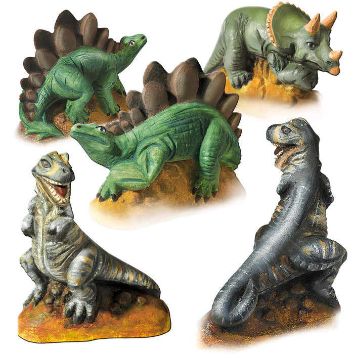 Five painted dinosaur figures including a green Stegosaurus, Triceratops, and grey T-Rex on orange rocky bases.
