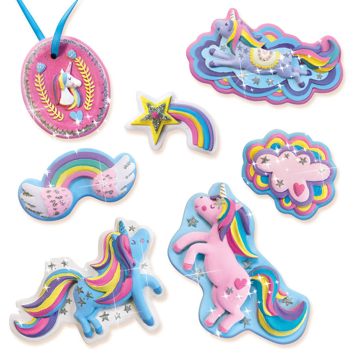 Hand-painted plaster figures of unicorns, rainbows, and stars in pastel colors with silver glitter.