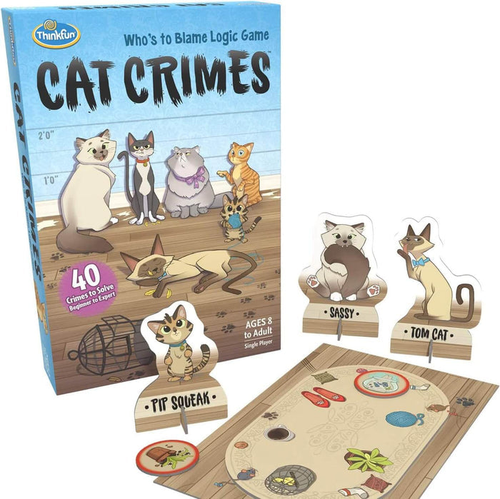 Blue box with a cat lineup, three stand-up cat pieces, and an oval board with illustrated household messes.
