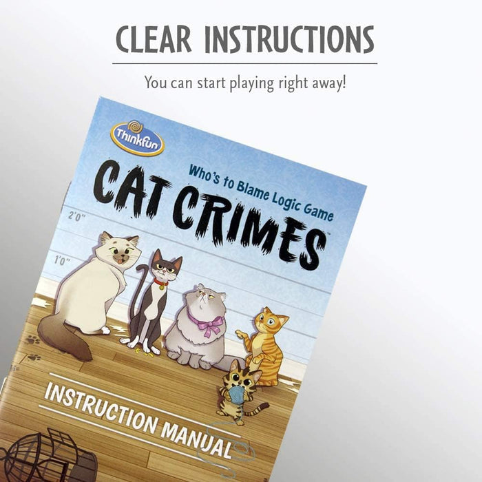 Thinkfun Cat Crimes manual cover with five cartoon cats in a lineup against a blue wall with height markings.