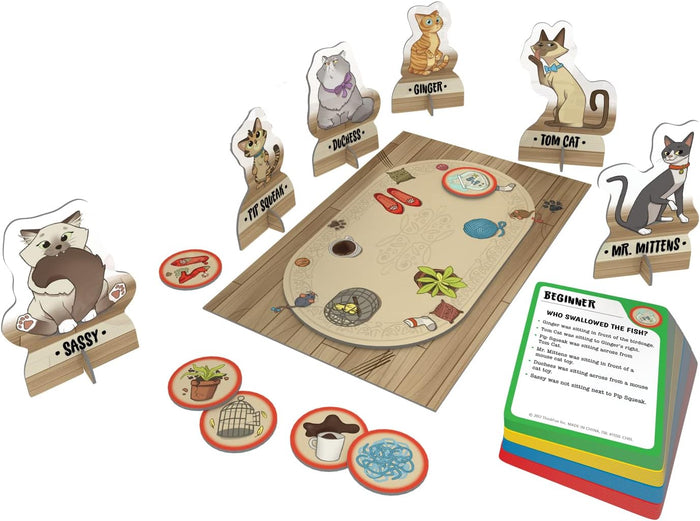 Tabletop logic game with cartoon cat standees, an illustrated rug game board, crime tokens, and challenge cards.