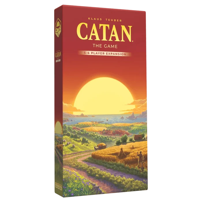 Red box for Catan 5-6 Player Expansion featuring a large sun over rolling green hills and golden wheat fields.